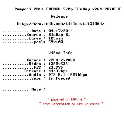 NFO for the release Pompeii.2014.FRENCH.720p.BluRay.x264-PRiDEHD by PRiDEHD
