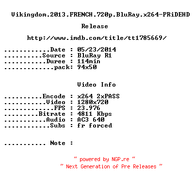 NFO for the release Vikingdom.2013.FRENCH.720p.BluRay.x264-PRiDEHD by PRiDEHD