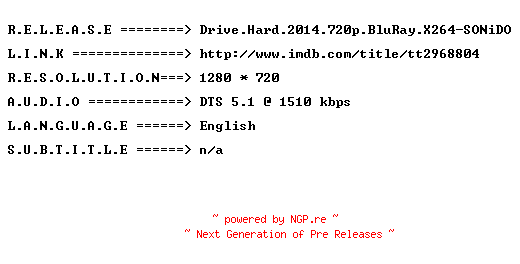 NFO for the release Drive.Hard.2014.720p.BluRay.X264-SONiDO by SONiDO