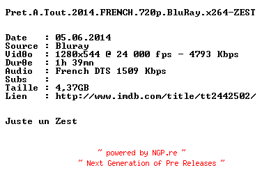 NFO for the release Pret.A.Tout.2014.FRENCH.720p.BluRay.x264-ZEST by ZEST