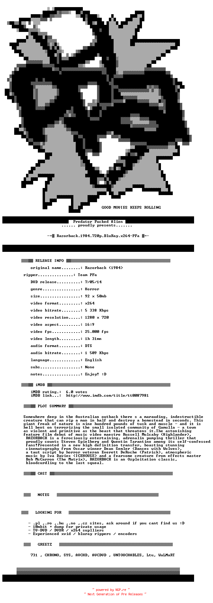 NFO for the release Razorback.1984.720p.BluRay.x264-PFa by PFa