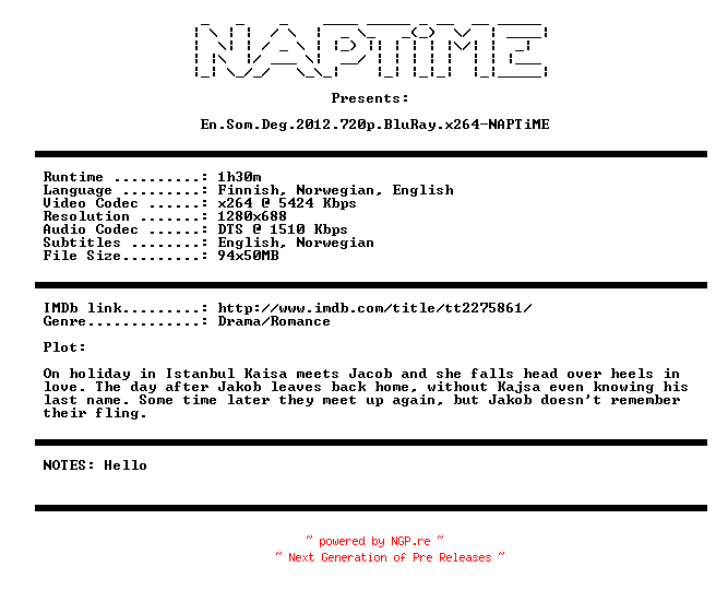 NFO for the release En.Som.Deg.2012.720p.BluRay.x264-NAPTiME by NAPTiME