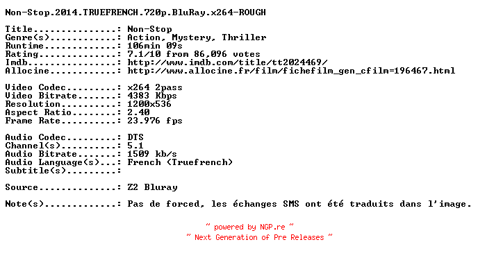 NFO for the release Non-Stop.2014.TRUEFRENCH.720p.BluRay.x264-ROUGH by ROUGH