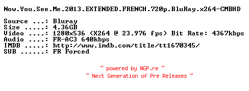 NFO for the release Now.You.See.Me.2013.EXTENDED.FRENCH.720p.BluRay.x264-CMBHD by CMBHD