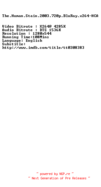 NFO for the release The.Human.Stain.2003.720p.BluRay.x264-HCA by HCA