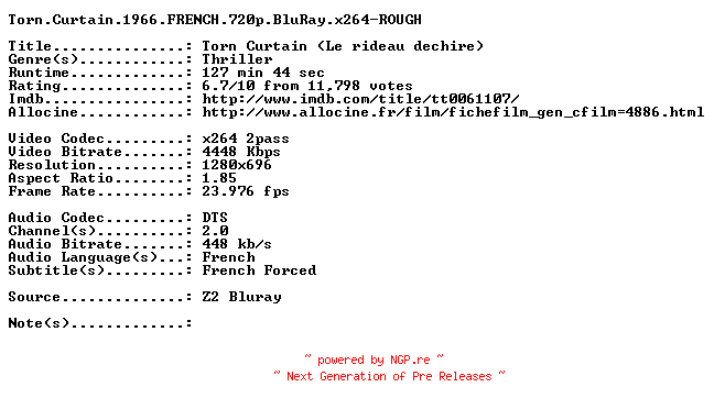 NFO for the release Torn.Curtain.1966.FRENCH.720p.BluRay.x264-ROUGH by ROUGH