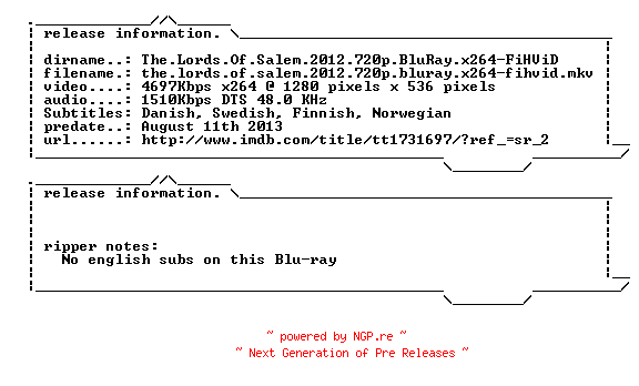 NFO for the release The.Lords.Of.Salem.2012.720p.BluRay.x264-FiHViD by FiHViD