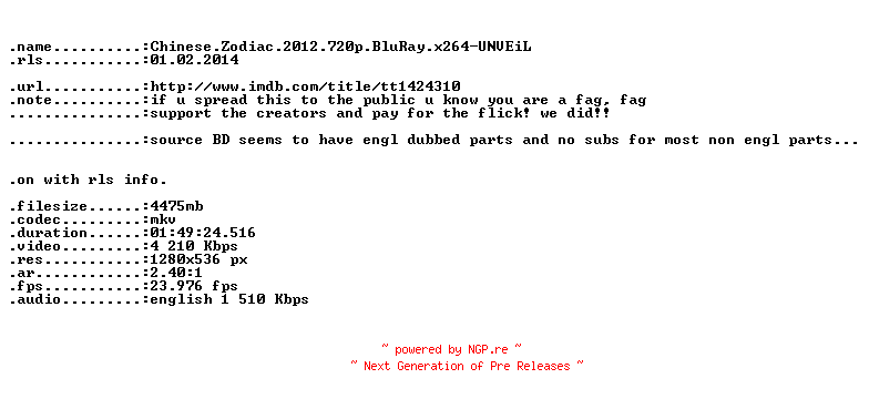 NFO for the release Chinese.Zodiac.2012.READ.NFO.720p.BluRay.x264-UNVEiL by UNVEiL