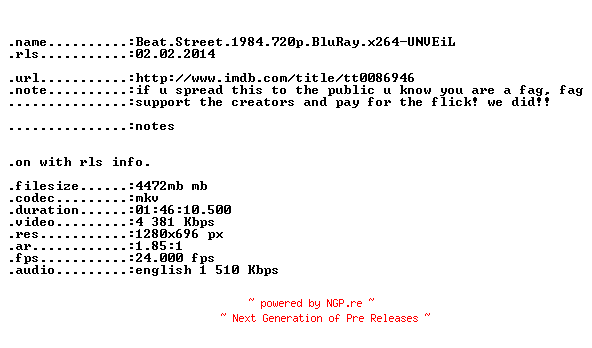 NFO for the release Beat.Street.1984.720p.BluRay.x264-UNVEiL by UNVEiL