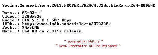 NFO for the release Saving.General.Yang.2013.PROPER.FRENCH.720p.BluRay.x264-RUDEHD by RUDEHD