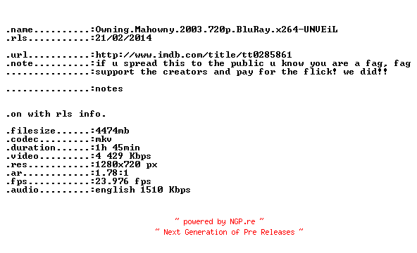 NFO for the release Owning.Mahowny.2003.720p.BluRay.x264-UNVEiL by UNVEiL