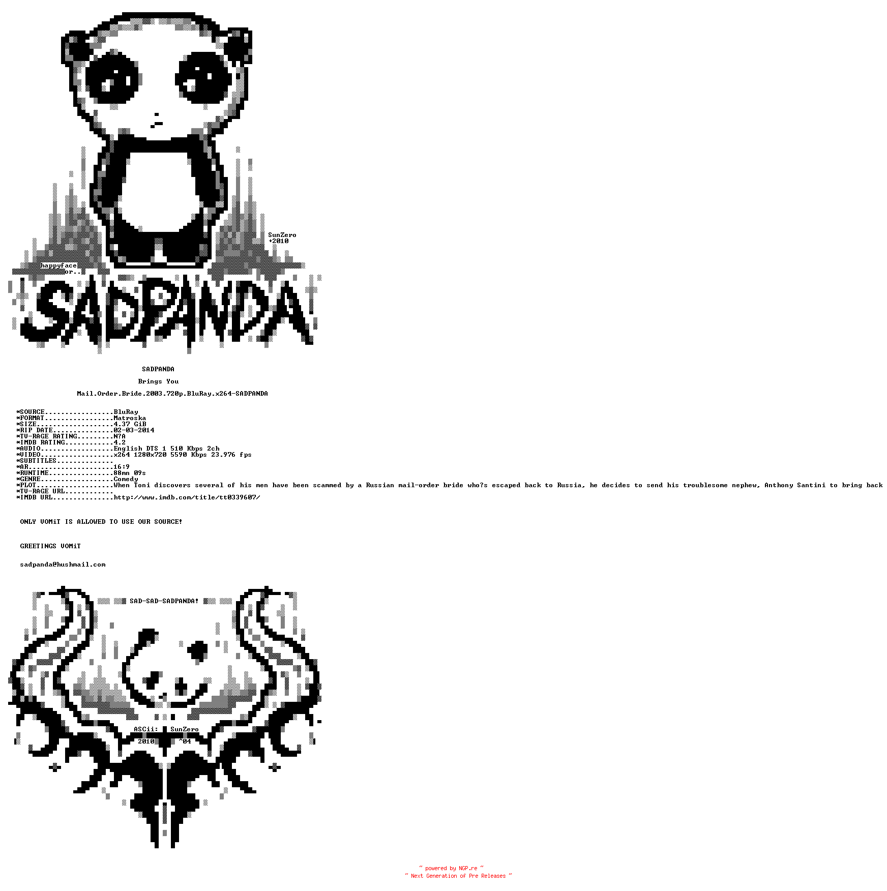 NFO for the release Mail.Order.Bride.2003.720p.BluRay.x264-SADPANDA by SADPANDA