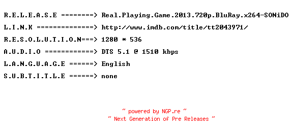 NFO for the release Real.Playing.Game.2013.720p.BluRay.x264-SONiDO by SONiDO
