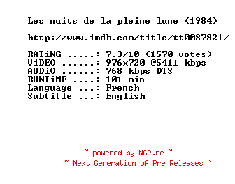 NFO for the release Full.Moon.in.Paris.1984.720p.BluRay.x264-MELiTE by MELiTE