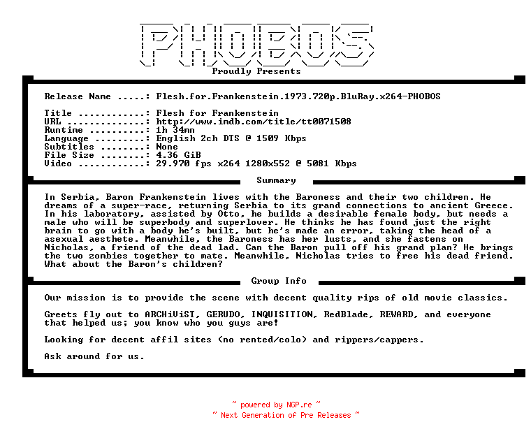 NFO for the release Flesh.for.Frankenstein.1973.720p.BluRay.x264-PHOBOS by PHOBOS