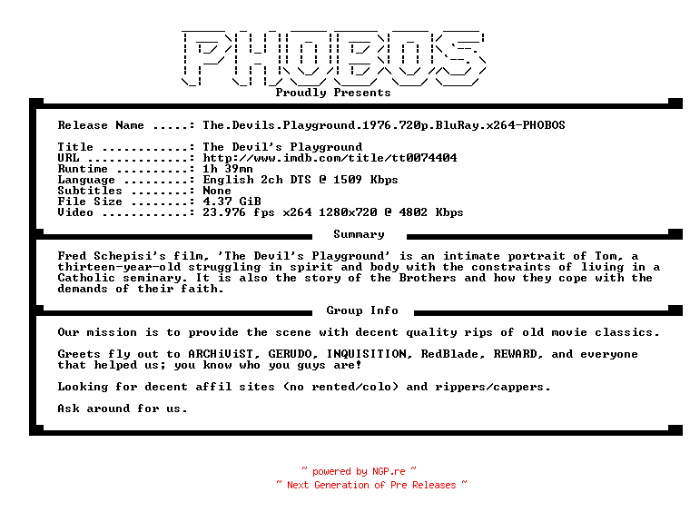 NFO for the release The.Devils.Playground.1976.720p.BluRay.x264-PHOBOS by PHOBOS