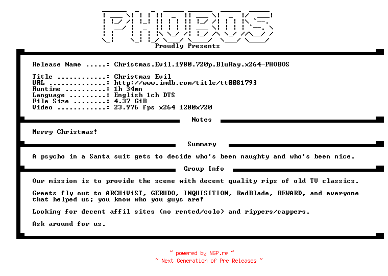 NFO for the release Christmas.Evil.1980.720p.BluRay.x264-PHOBOS by PHOBOS