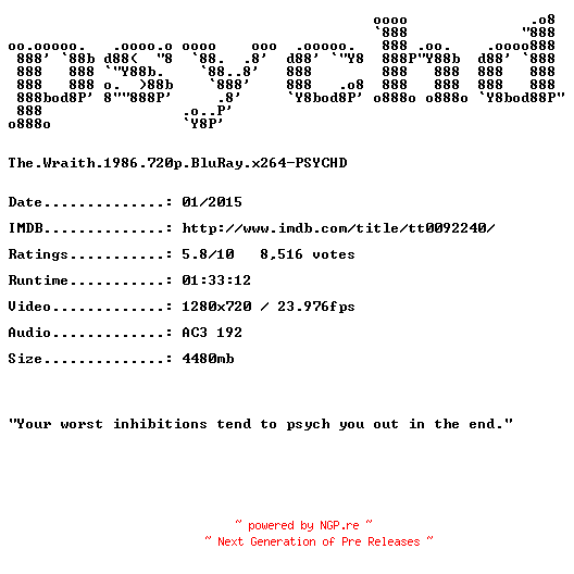 NFO for the release The.Wraith.1986.720p.BluRay.x264-PSYCHD by PSYCHD