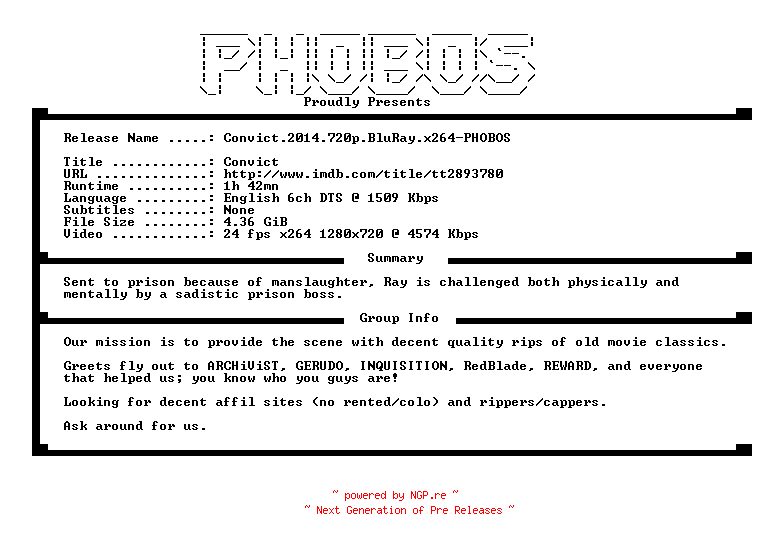 NFO for the release Convict.2014.720p.BluRay.x264-PHOBOS by PHOBOS