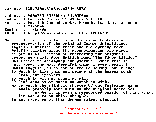 NFO for the release Variety.1925.720p.BluRay.x264-USURY by USURY