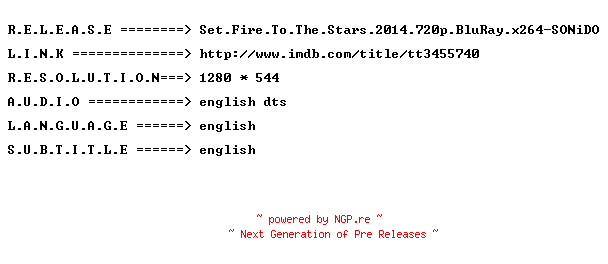 NFO for the release Set.Fire.To.The.Stars.2014.720p.BluRay.x264-SONiDO by SONiDO