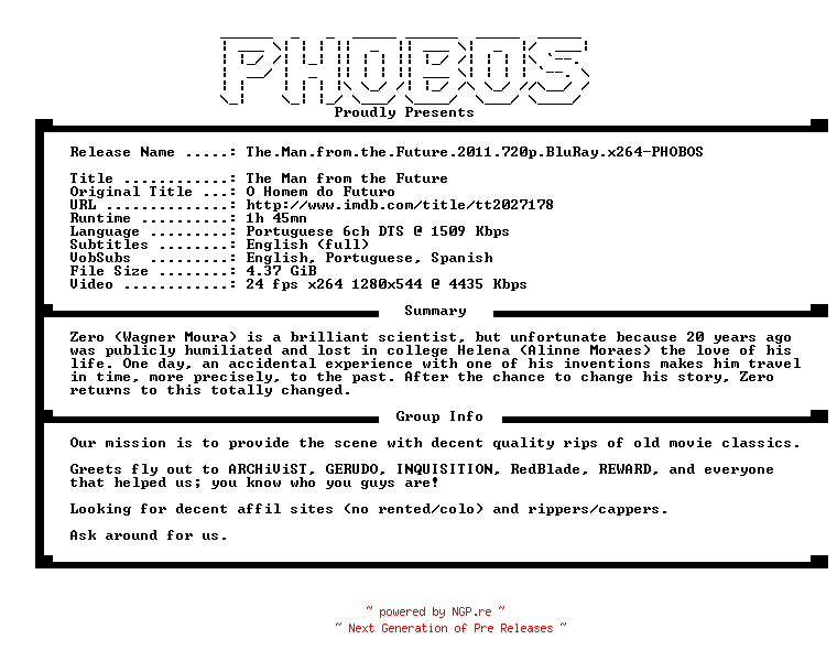 NFO for the release The.Man.from.the.Future.2011.720p.BluRay.x264-PHOBOS by PHOBOS