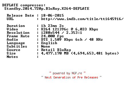 NFO for the release Standby.2014.720p.BluRay.X264-DEFLATE by DEFLATE