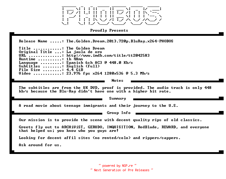 NFO for the release The.Golden.Dream.2013.720p.BluRay.x264-PHOBOS by PHOBOS