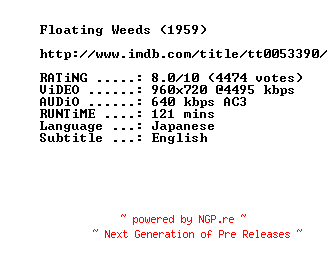 NFO for the release Floating.Weeds.1959.720p.BluRay.x264-MELiTE by MELiTE