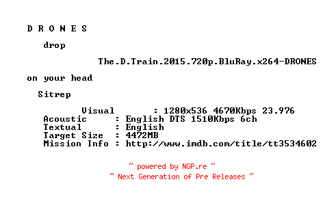 NFO for the release The.D.Train.2015.720p.BluRay.x264-DRONES by DRONES