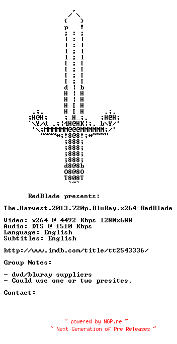 NFO for the release The.Harvest.2013.720p.BluRay.x264-RedBlade by RedBlade