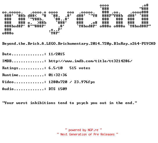 NFO for the release Beyond.the.Brick.A.LEGO.Brickumentary.2014.720p.BluRay.x264-PSYCHD by PSYCHD