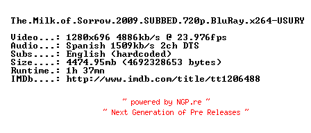 NFO for the release The.Milk.of.Sorrow.2009.SUBBED.720p.BluRay.x264-USURY by USURY
