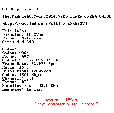 NFO for the release The.Midnight.Swim.2014.720p.BluRay.x264-VALUE by VALUE