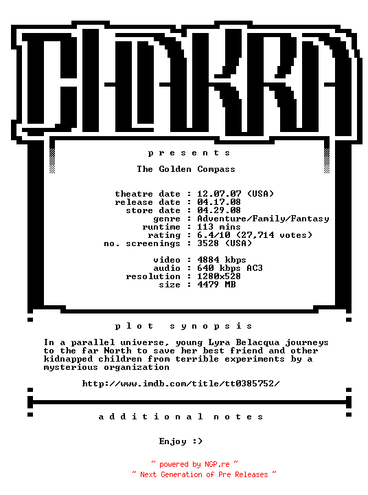 NFO for the release The.Golden.Compass.720p.Bluray.x264-Chakra by Chakra