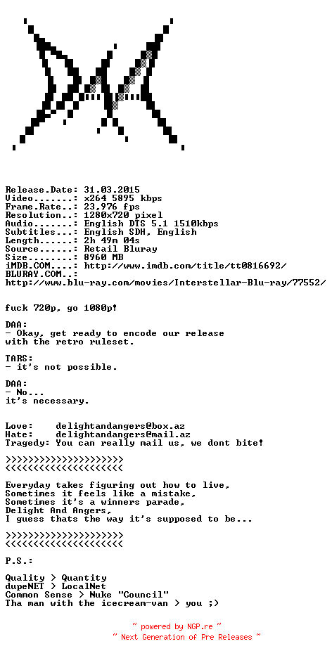 NFO for the release Interstellar.2014.720p.BluRay.x264-DAA by DAA