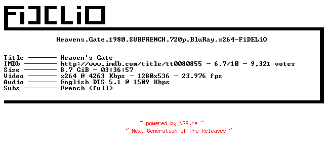 NFO for the release Heavens.Gate.1980.SUBFRENCH.720p.BluRay.x264-FiDELiO by FiDELiO