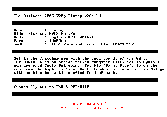NFO for the release The.Business.2005.720p.Bluray.x264-hV by hV