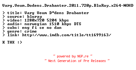 NFO for the release Varg.Veum.Dodens.Drabanter.2011.720p.BluRay.x264-NOHD by NOHD