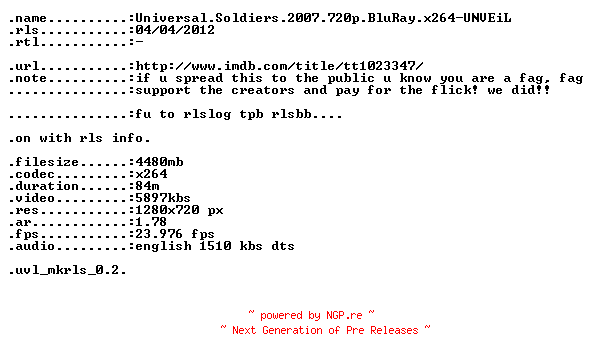 NFO for the release Universal.Soldiers.2007.720p.BluRay.x264-UNVEiL by UNVEiL