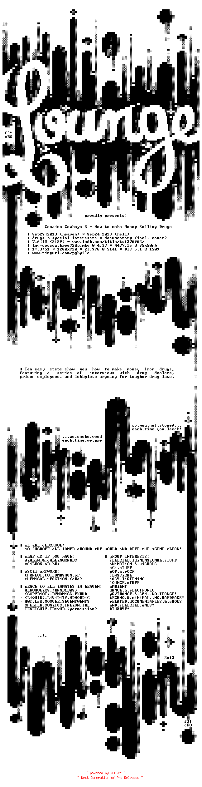 NFO for the release Cocain.Cowboys.3.How.to.Make.Money.Selling.Drugs.2012.720p.BluRay.x264-LOUNGE by LOUNGE