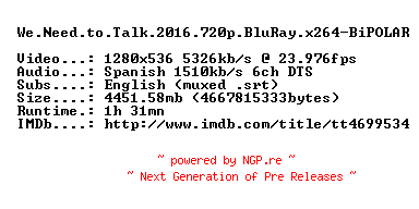 NFO for the release We.Need.to.Talk.2016.720p.BluRay.x264-BiPOLAR by BiPOLAR