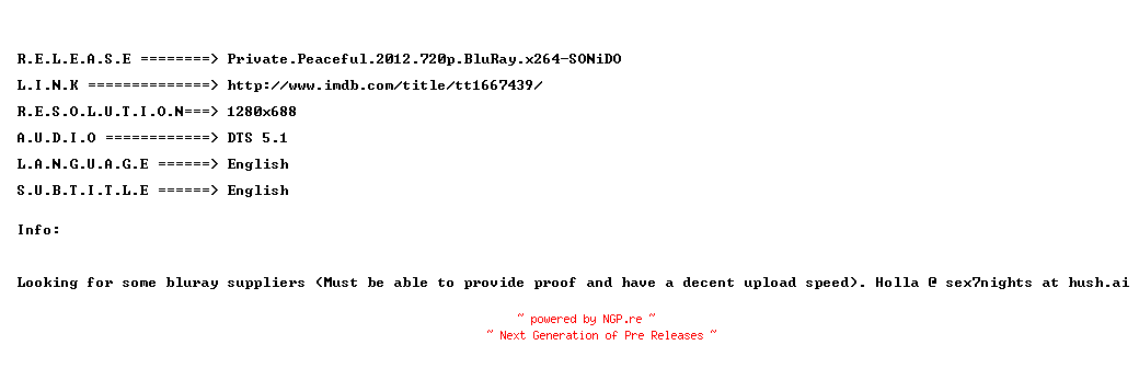 NFO for the release Private.Peaceful.2012.720p.BluRay.x264-SONiDO by SONiDO