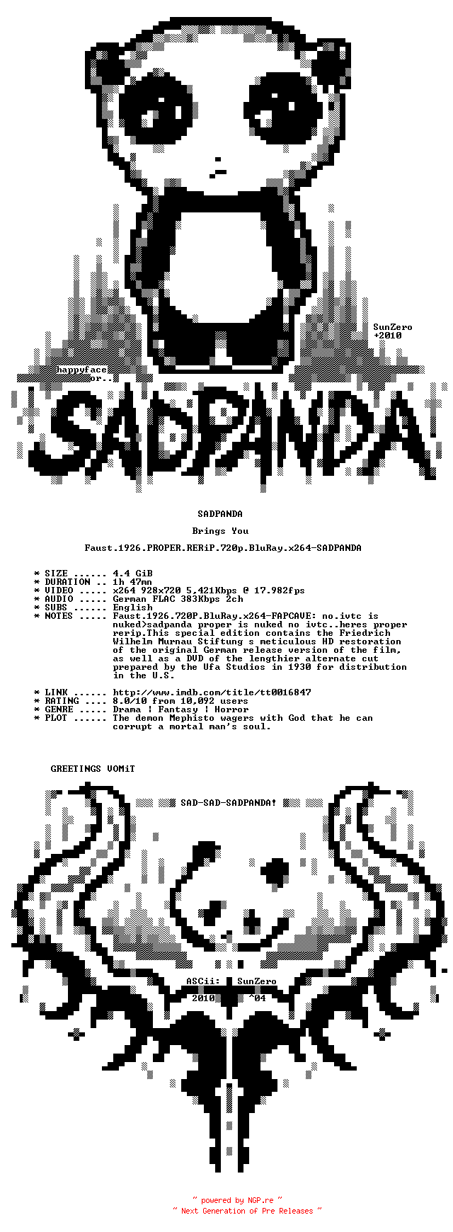 NFO for the release Faust.1926.PROPER.RERiP.720p.BluRay.x264-SADPANDA by SADPANDA