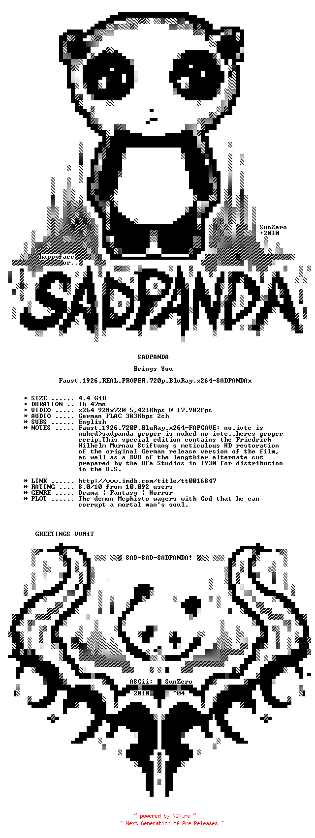 NFO for the release Faust.1926.REAL.PROPER.720p.BluRay.x264-SADPANDAx by SADPANDAx