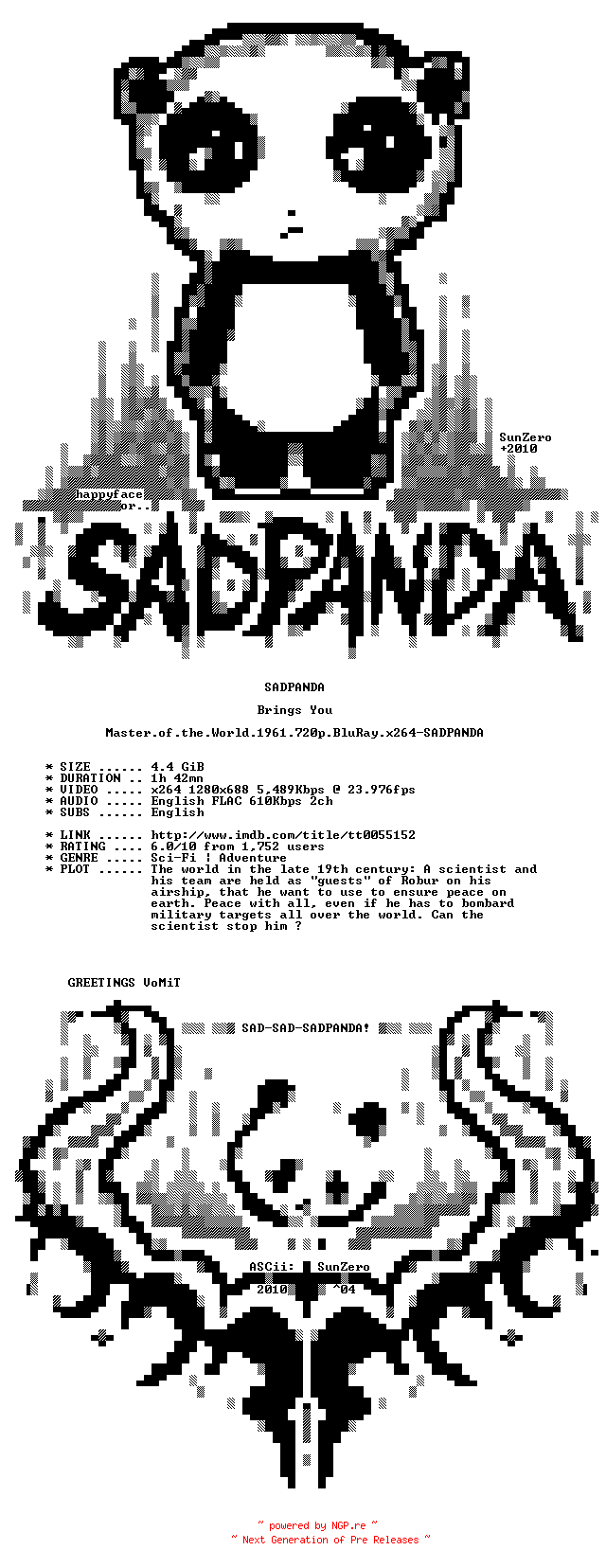 NFO for the release Master.of.the.World.1961.720p.BluRay.x264-SADPANDA by SADPANDA