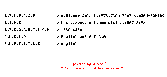 NFO for the release A.Bigger.Splash.1973.720p.BluRay.x264-SONiDO by SONiDO