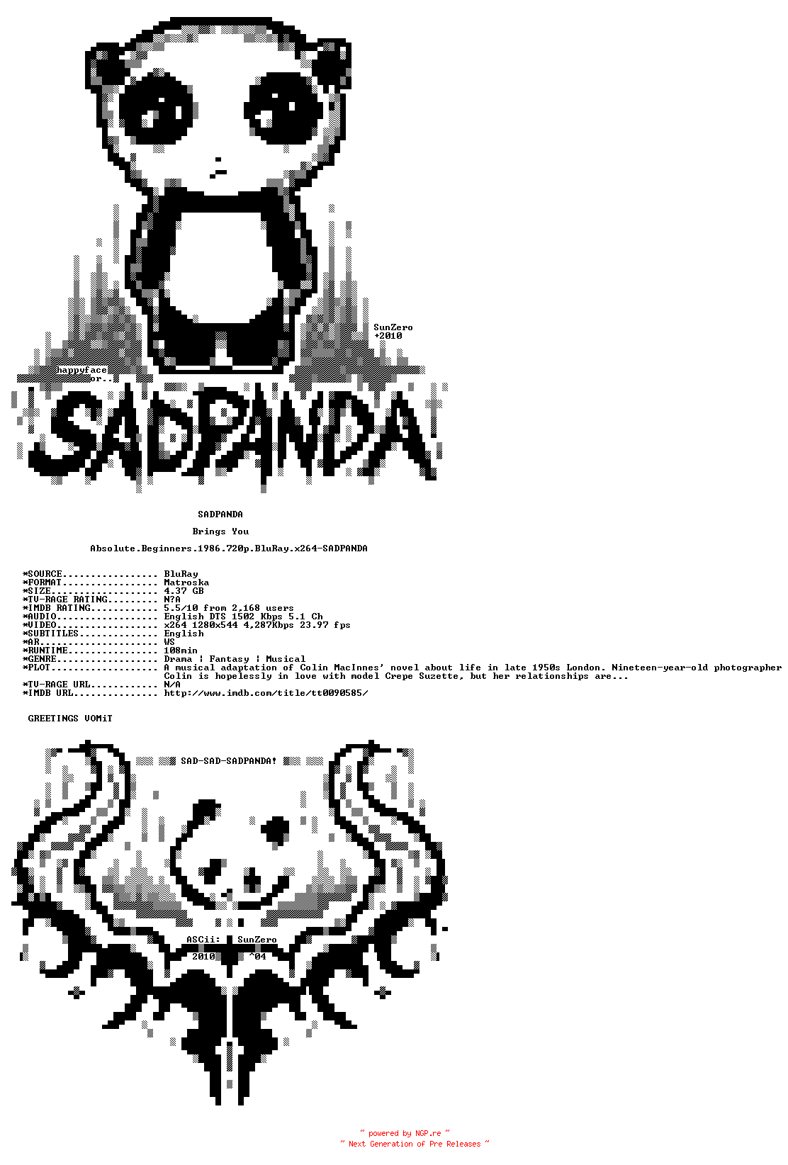 NFO for the release Absolute.Beginners.1986.720p.BluRay.x264-SADPANDA by SADPANDA