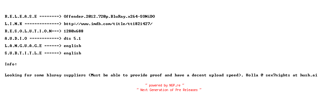 NFO for the release Offender.2012.720p.BluRay.x264-SONiDO by SONiDO