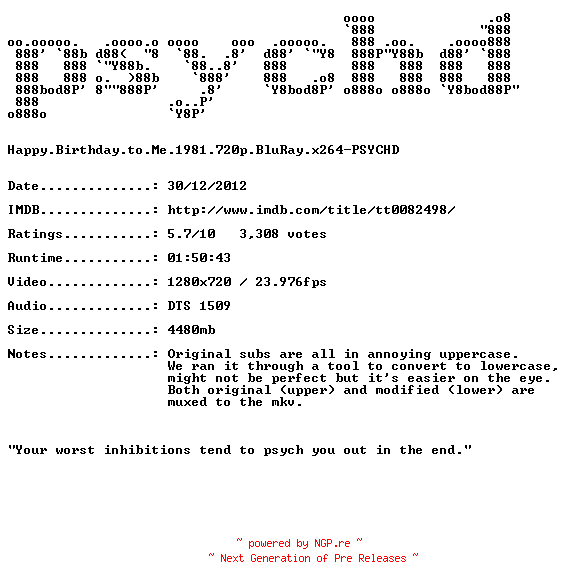 NFO for the release Happy.Birthday.to.Me.1981.720p.BluRay.x264-PSYCHD by PSYCHD